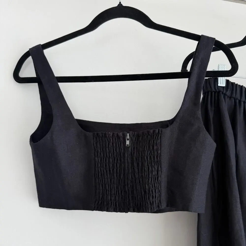 Reformation Linen Palm Set 4 Black Two Piece Set Crop Top Skirt Vacation Resort